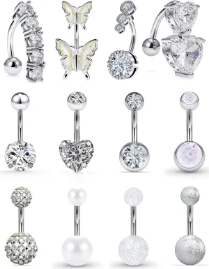 Vsnnsns 14G Belly Button Ring Piercing Jewelry 316L Stainless Surgical Steel Heart CZ Opal Butterfly Navel Rings Reverse Belly Button Ring Navel Piercing Jewelry for Women Men Hypoallergenic