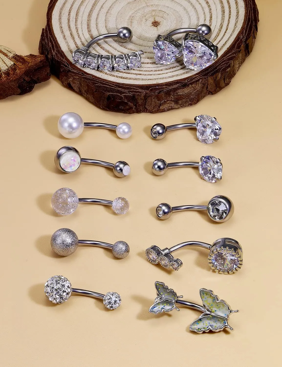 Vsnnsns 14G Belly Button Ring Piercing Jewelry 316L Stainless Surgical Steel Heart CZ Opal Butterfly Navel Rings Reverse Belly Button Ring Navel Piercing Jewelry for Women Men Hypoallergenic