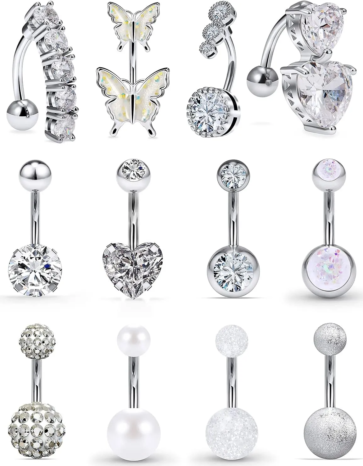 Vsnnsns 14G Belly Button Ring Piercing Jewelry 316L Stainless Surgical Steel Heart CZ Opal Butterfly Navel Rings Reverse Belly Button Ring Navel Piercing Jewelry for Women Men Hypoallergenic