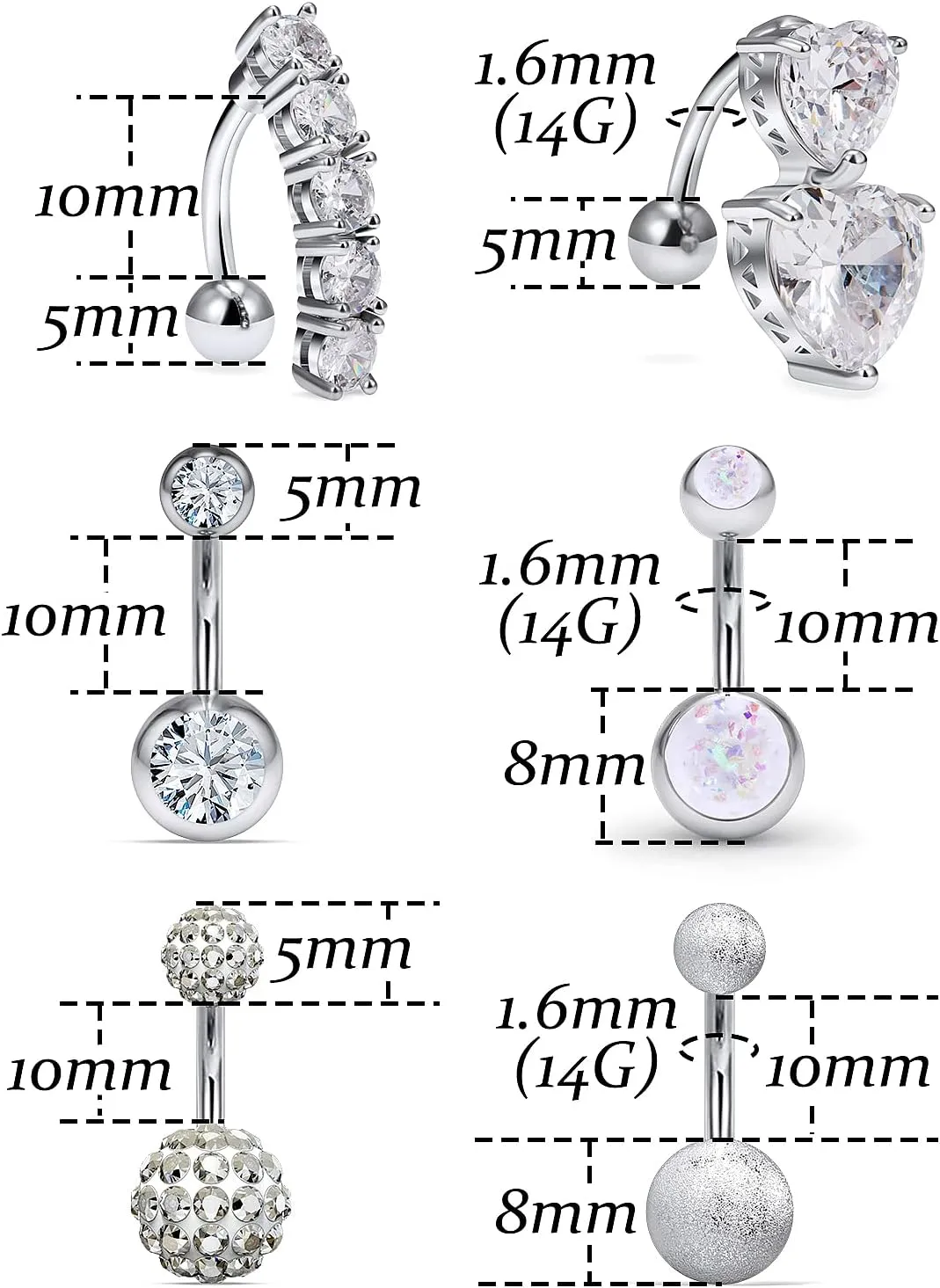 Vsnnsns 14G Belly Button Ring Piercing Jewelry 316L Stainless Surgical Steel Heart CZ Opal Butterfly Navel Rings Reverse Belly Button Ring Navel Piercing Jewelry for Women Men Hypoallergenic