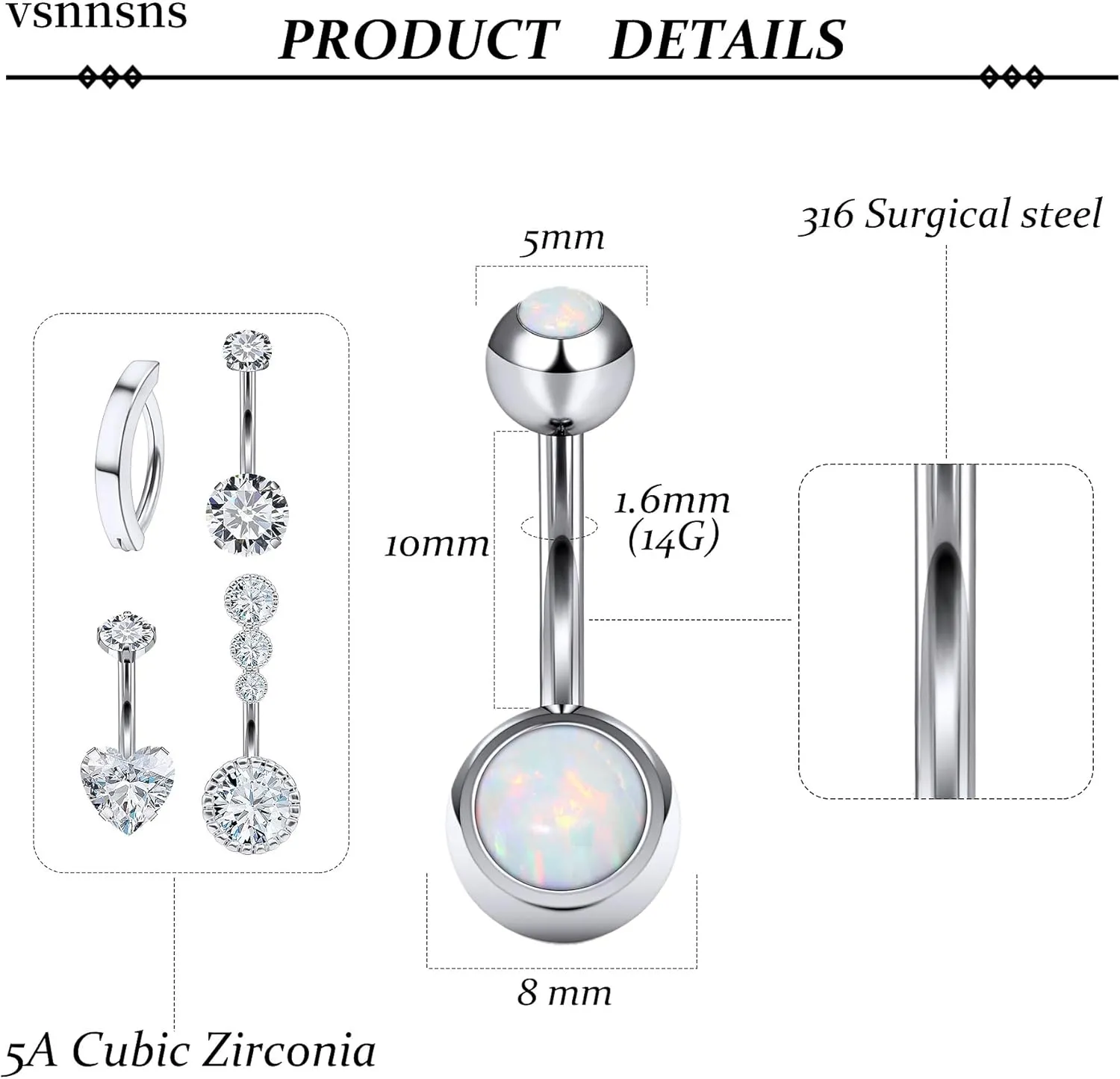 Vsnnsns 14G Clicker Belly Button Ring Piercing Jewelry 316L Stainless Surgical Steel Diamond CZ Navel Rings Clear CZ Clip Belly Button Ring Piercing Jewelry for Women Men 14 Gauge 10MM 12MM