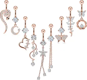 Vsnnsns 14G Dangle Belly Button Ring Piercing Jewelry 316L Stainless Surgical Steel Snake Heart Butterfly Flower Diamond CZ Navel Rings Dangling Belly Button Ring Piercing Jewelry for Women 14 Gauge