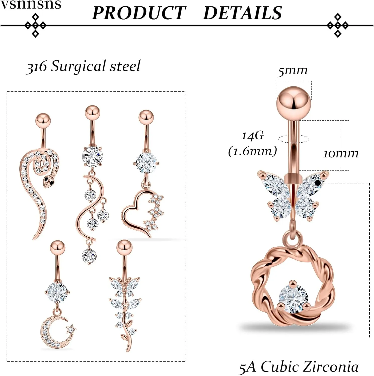 Vsnnsns 14G Dangle Belly Button Ring Piercing Jewelry 316L Stainless Surgical Steel Snake Heart Butterfly Flower Diamond CZ Navel Rings Dangling Belly Button Ring Piercing Jewelry for Women 14 Gauge