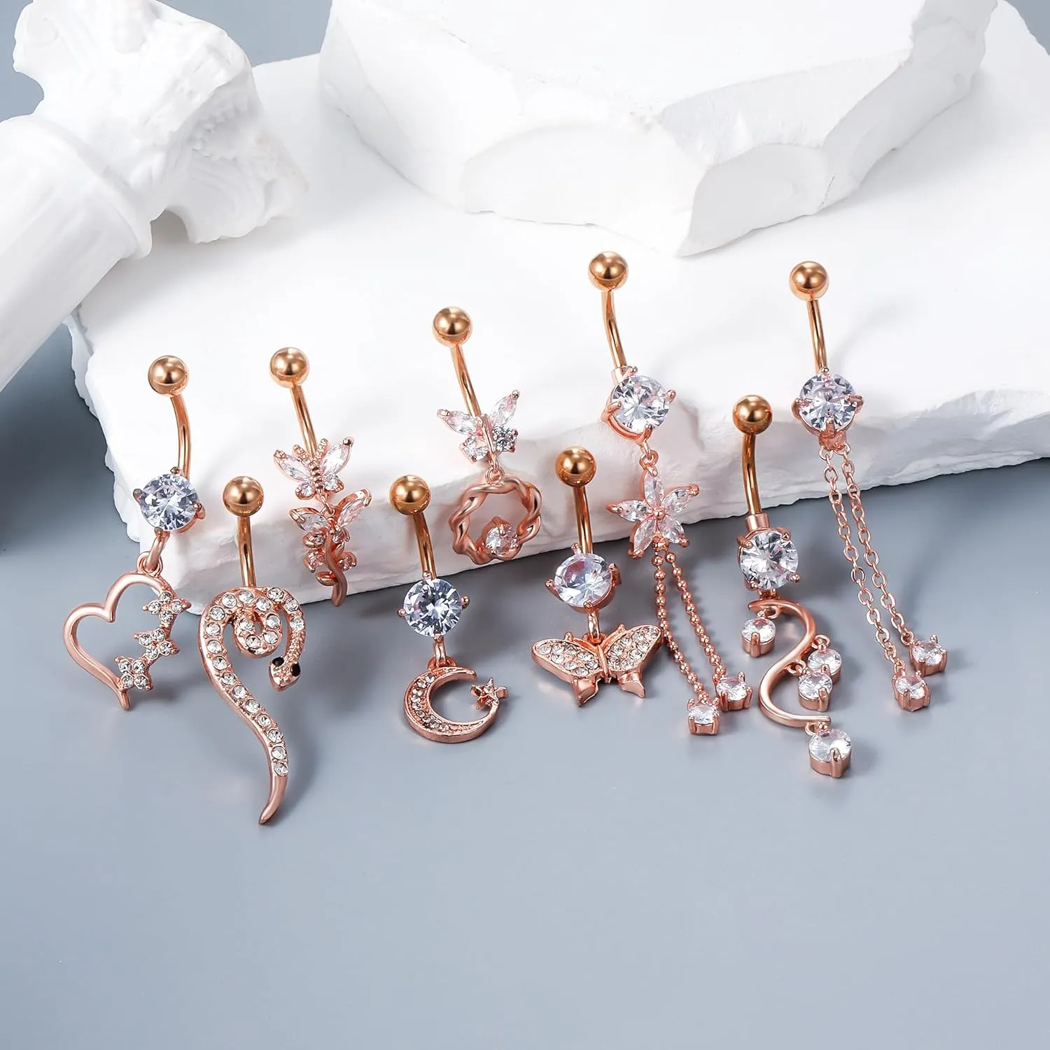Vsnnsns 14G Dangle Belly Button Ring Piercing Jewelry 316L Stainless Surgical Steel Snake Heart Butterfly Flower Diamond CZ Navel Rings Dangling Belly Button Ring Piercing Jewelry for Women 14 Gauge