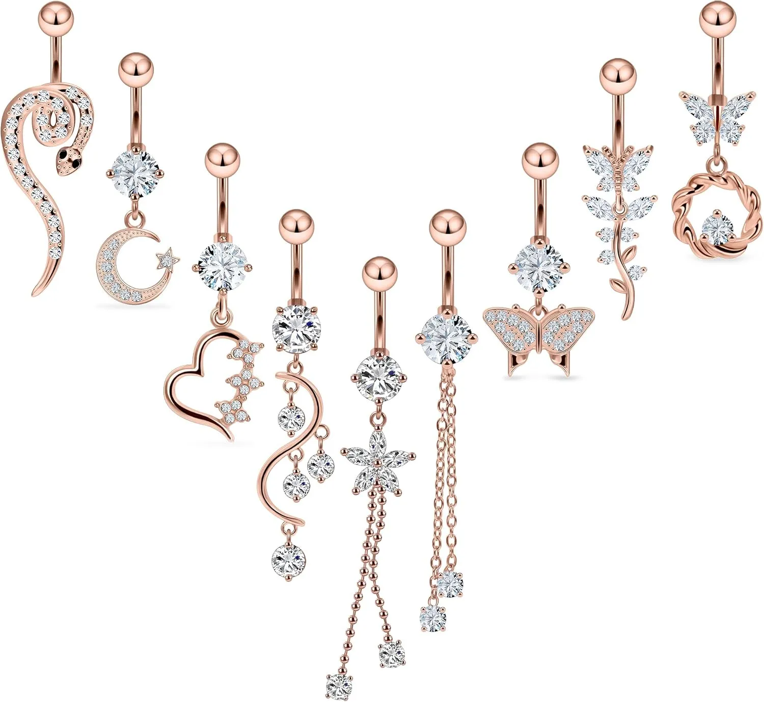 Vsnnsns 14G Dangle Belly Button Ring Piercing Jewelry 316L Stainless Surgical Steel Snake Heart Butterfly Flower Diamond CZ Navel Rings Dangling Belly Button Ring Piercing Jewelry for Women 14 Gauge
