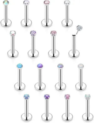 Vsnnsns 16G 18G 20G Threadless Push in Lip Rings Stainless Steel Flat Back Nose Rings Studs Tragus Helix Conch Cartilage Lobe Earrings Stud Piercing Jewelry for Women Men Opal CZ Silver 16PCS