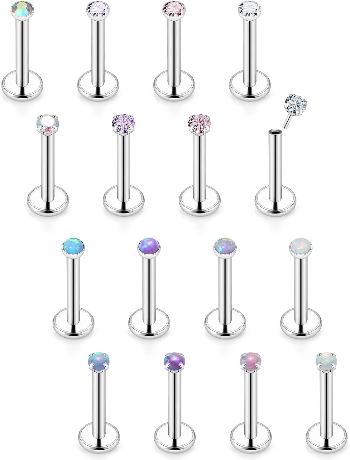 Vsnnsns 16G 18G 20G Threadless Push in Lip Rings Stainless Steel Flat Back Nose Rings Studs Tragus Helix Conch Cartilage Lobe Earrings Stud Piercing Jewelry for Women Men Opal CZ Silver 16PCS