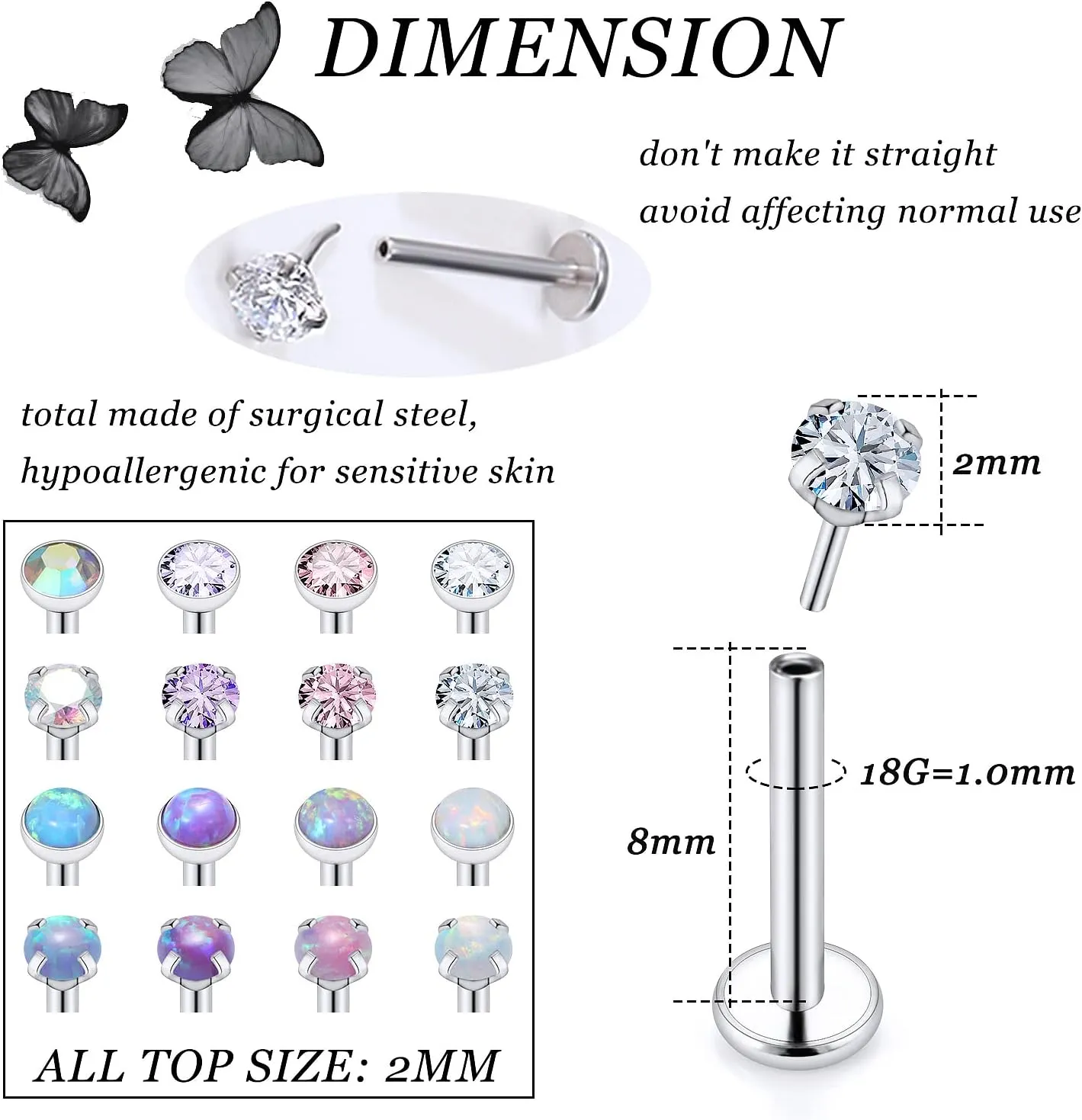 Vsnnsns 16G 18G 20G Threadless Push in Lip Rings Stainless Steel Flat Back Nose Rings Studs Tragus Helix Conch Cartilage Lobe Earrings Stud Piercing Jewelry for Women Men Opal CZ Silver 16PCS