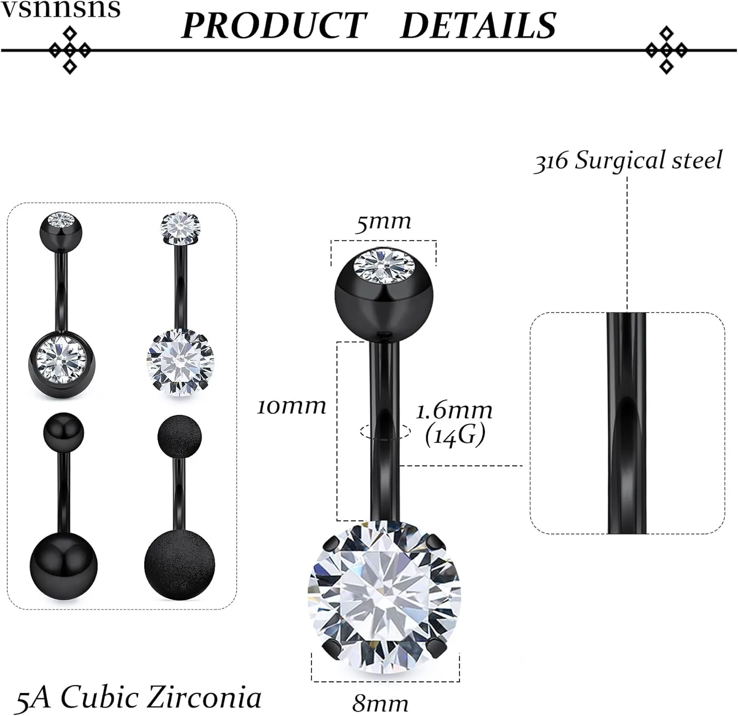 Vsnnsns Shiny Cubic Zirconia Belly Button Piercing - 14G, 8MM-14MM Navel Rings for Women and Men, 316L Stainless Steel
