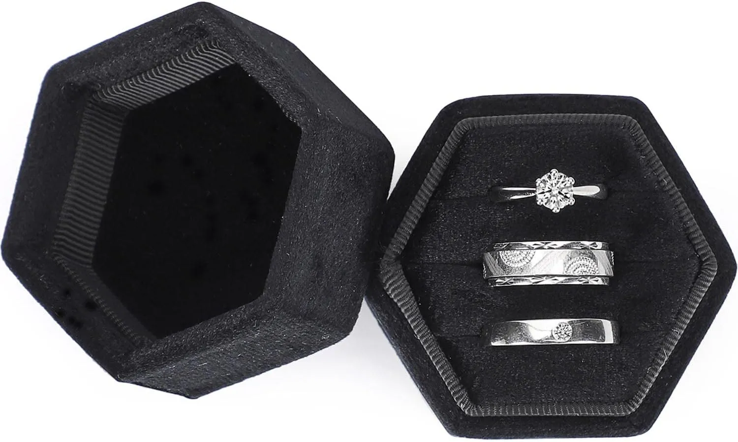 WantGor Velvet Jewelry Ring Box, 3 Slots Hexagon Ring Gift Box Vintage Ring Display Holder Case for Wedding Ceremony Proposal Engagement (Black, 3 Slots)