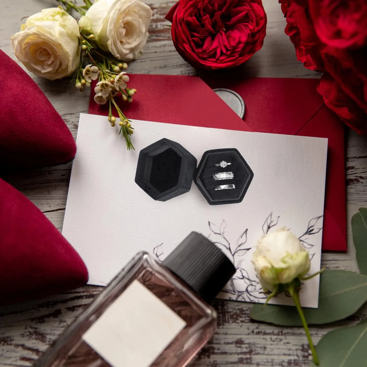 WantGor Velvet Jewelry Ring Box, 3 Slots Hexagon Ring Gift Box Vintage Ring Display Holder Case for Wedding Ceremony Proposal Engagement (Black, 3 Slots)