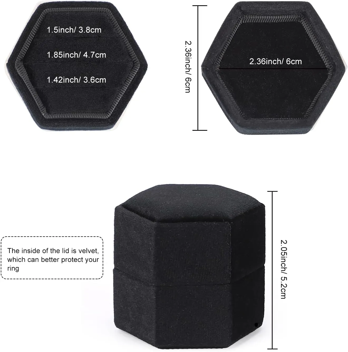WantGor Velvet Jewelry Ring Box, 3 Slots Hexagon Ring Gift Box Vintage Ring Display Holder Case for Wedding Ceremony Proposal Engagement (Black, 3 Slots)
