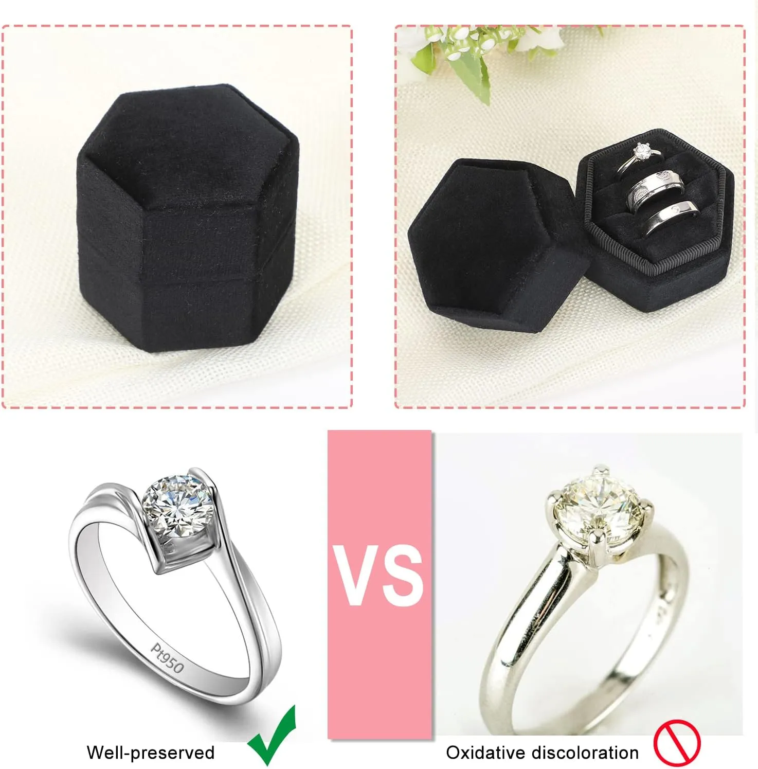 WantGor Velvet Jewelry Ring Box, 3 Slots Hexagon Ring Gift Box Vintage Ring Display Holder Case for Wedding Ceremony Proposal Engagement (Black, 3 Slots)