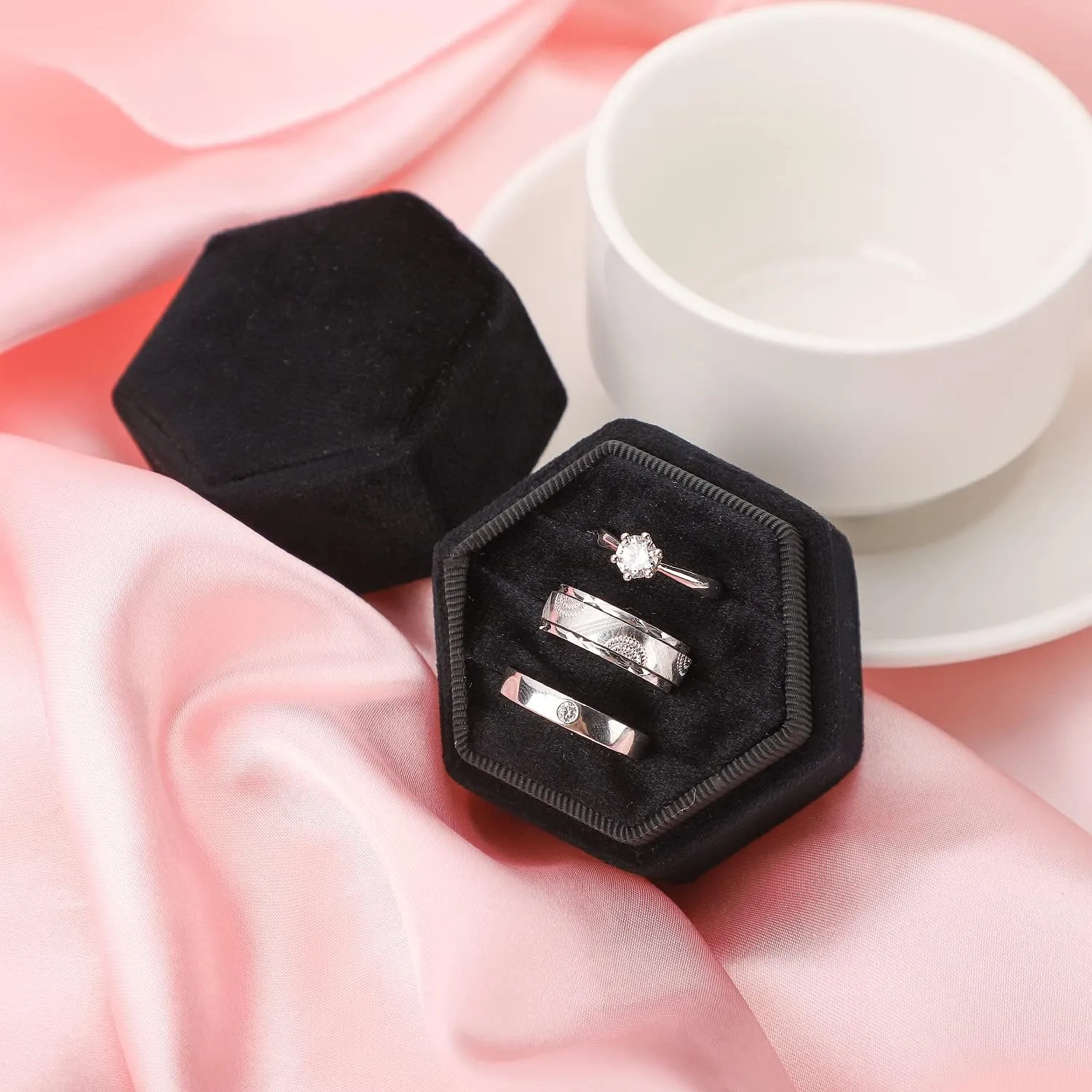 WantGor Velvet Jewelry Ring Box, 3 Slots Hexagon Ring Gift Box Vintage Ring Display Holder Case for Wedding Ceremony Proposal Engagement (Black, 3 Slots)
