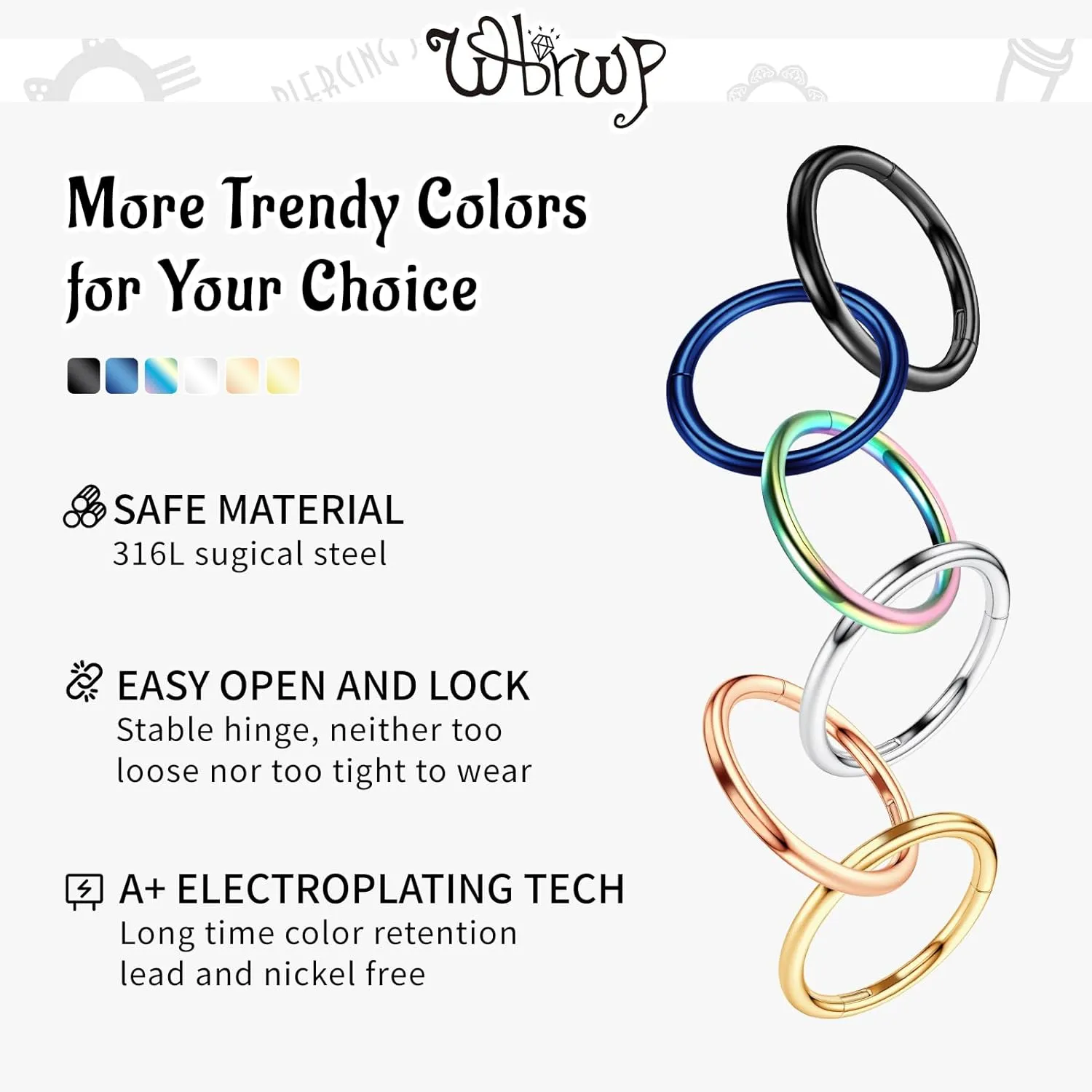 WBRWP 316L Stainless-Steel Hinged Nose Rings Hoop : 20G 18G 16G 14G Womens and Mens Body Pierecing Ring Segment Ring Lip Rings Nose Helix Cartilage Rook EarringsDiameter 6mm 8mm 10mm 12mm