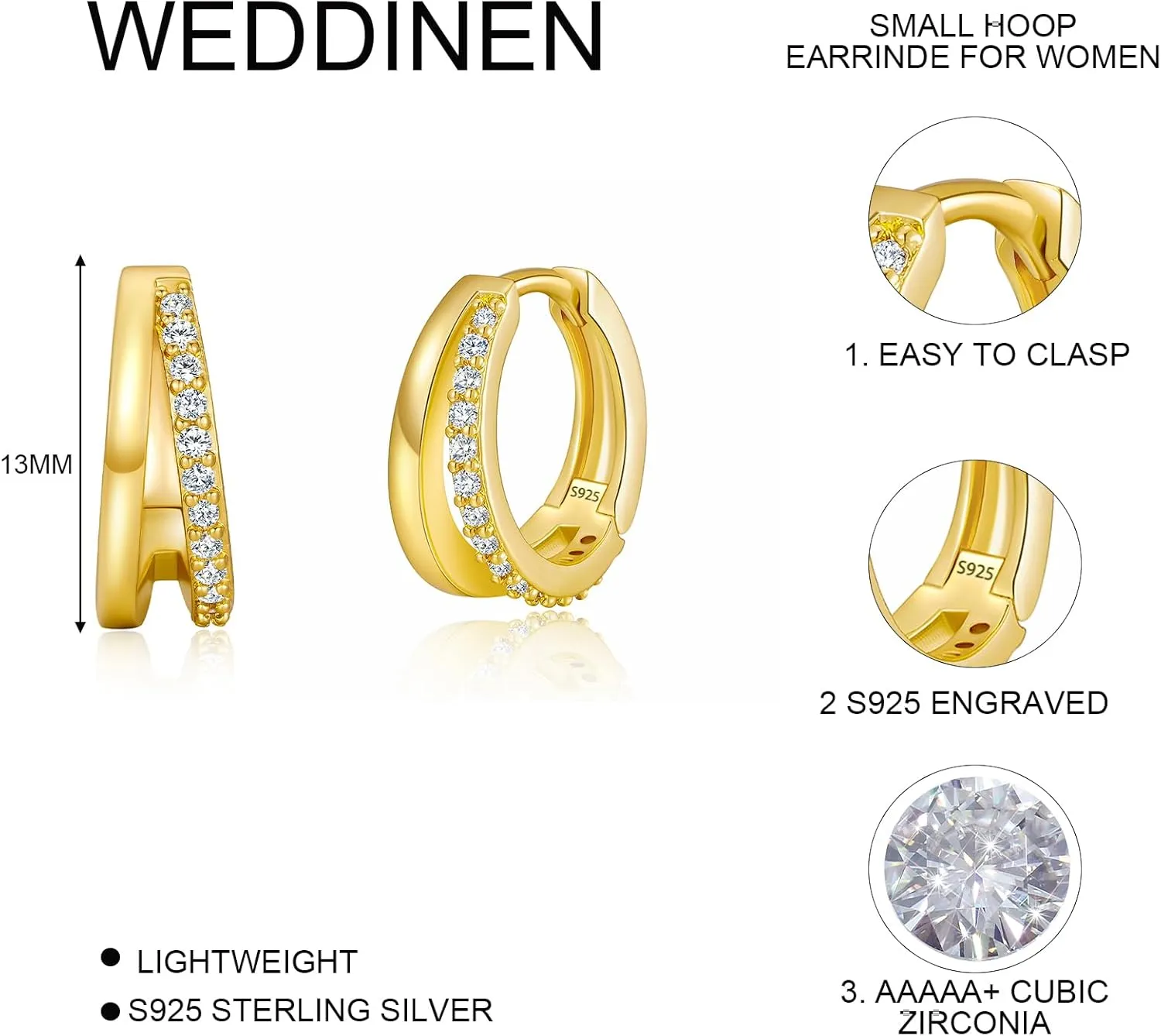WEDDINEN 925 Sterling Silver Small Hoop Earrings for Women 18K Gold Plated Cubic Zirconia Huggie Hoop Earrings Dainty Hypoallergenic Earrings