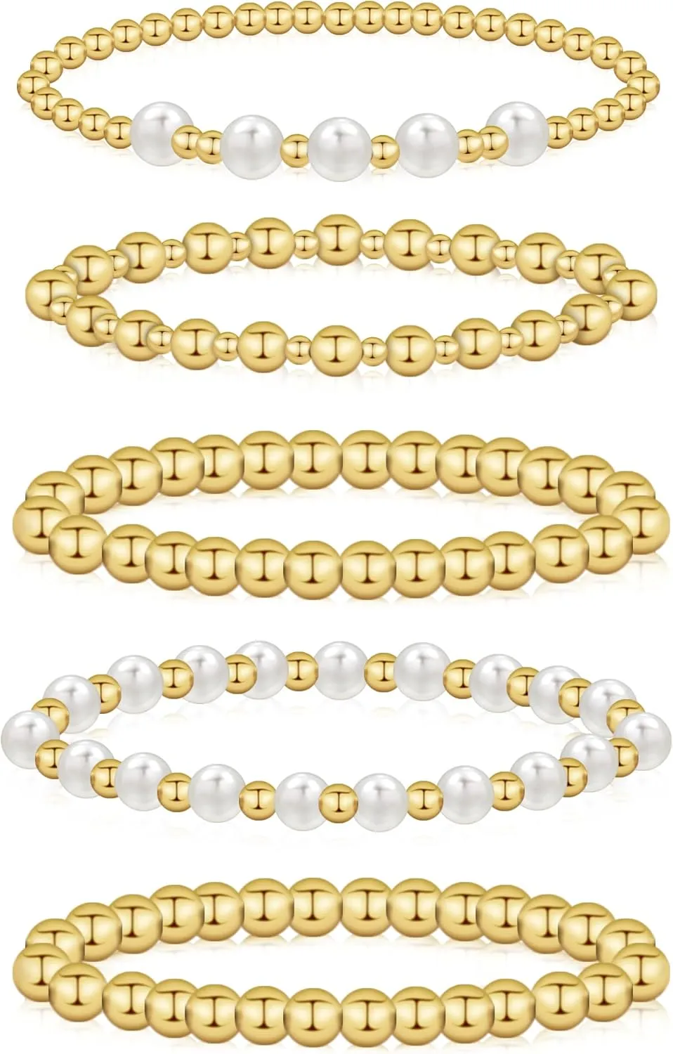 wgoud Gold Bracelets for Women - Trendy 14K Real Gold Plated Beaded Bracelet Set with Stretch Beads, Waterproof, Adjustable, Perfect Gifts
