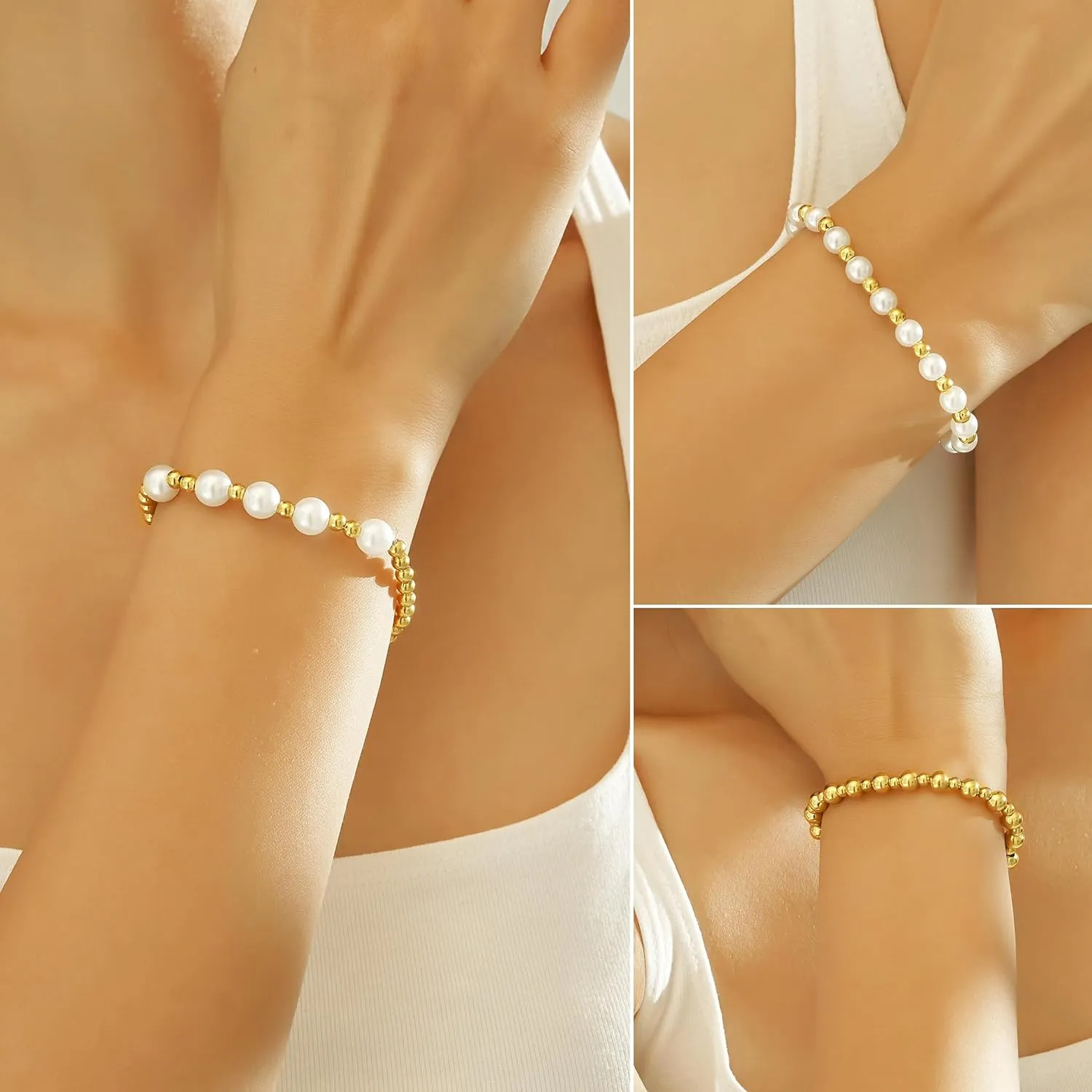 wgoud Gold Bracelets for Women - Trendy 14K Real Gold Plated Beaded Bracelet Set with Stretch Beads, Waterproof, Adjustable, Perfect Gifts