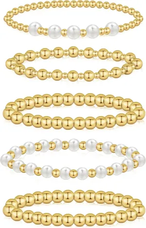 wgoud Gold Bracelets for Women - Trendy 14K Real Gold Plated Beaded Bracelet Set with Stretch Beads, Waterproof, Adjustable, Perfect Gifts