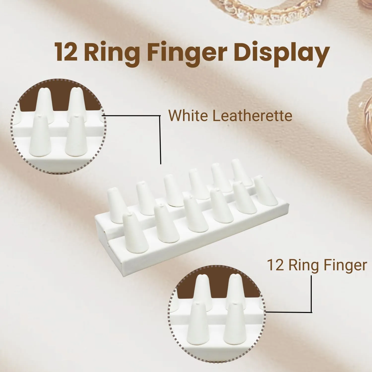White Leatherette Jewelry 12 Rings Finger Display Stand 8.25x3.25x2.5 Inches with Square Base - Ring Holder Organizer Stand for Selling or Personal Use - Display Stands for Rings