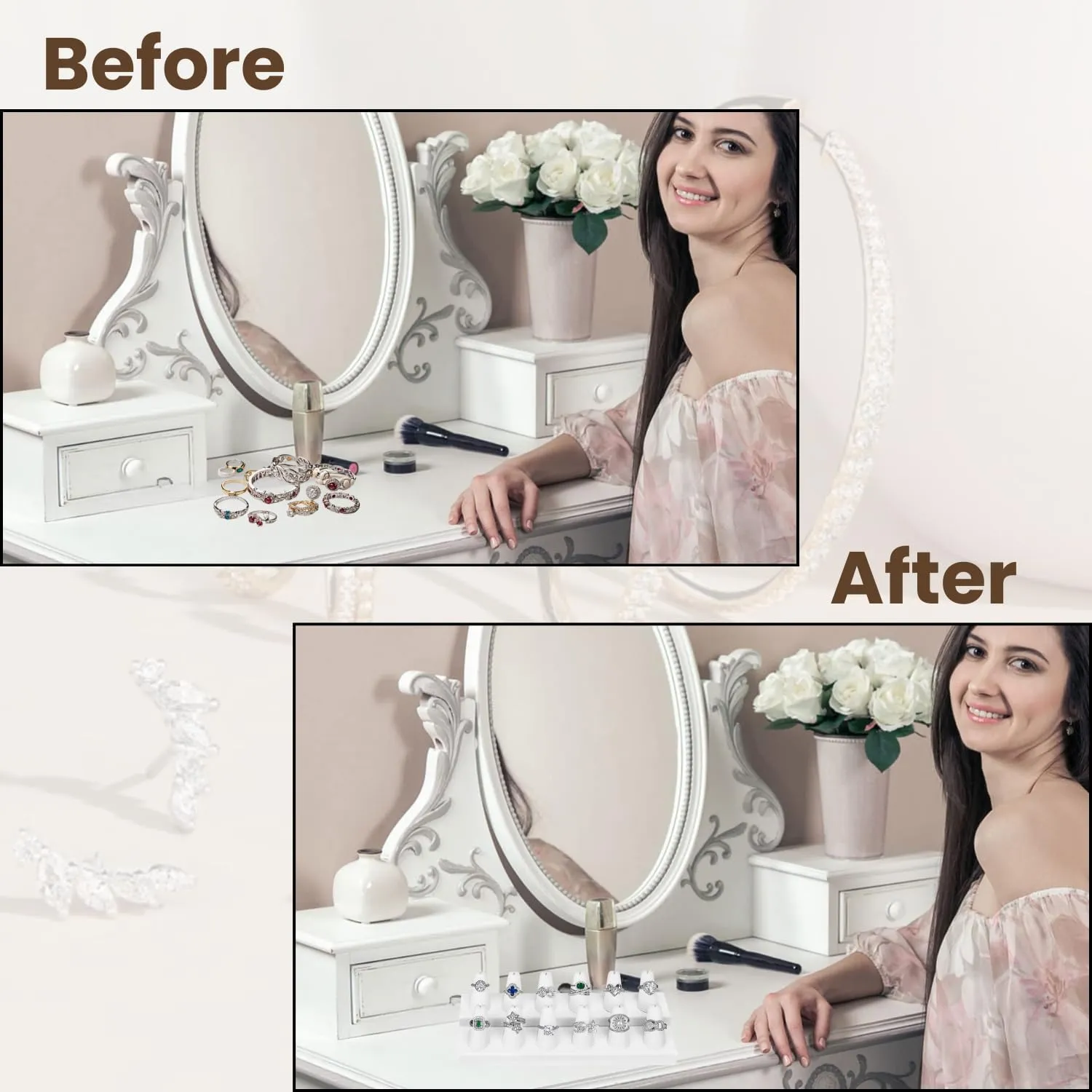 White Leatherette Jewelry 12 Rings Finger Display Stand 8.25x3.25x2.5 Inches with Square Base - Ring Holder Organizer Stand for Selling or Personal Use - Display Stands for Rings