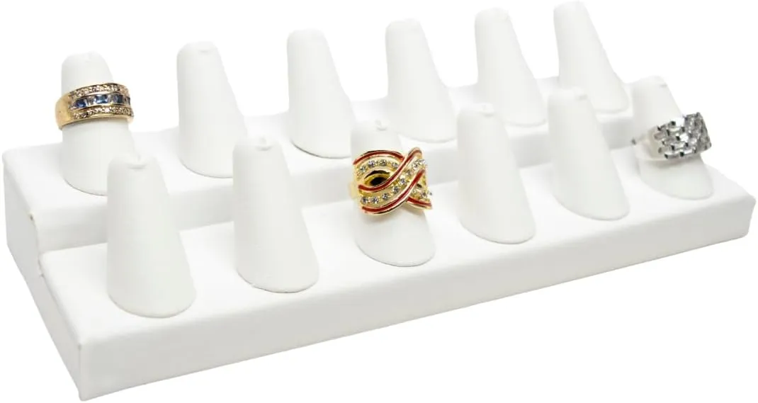 White Leatherette Jewelry 12 Rings Finger Display Stand 8.25x3.25x2.5 Inches with Square Base - Ring Holder Organizer Stand for Selling or Personal Use - Display Stands for Rings