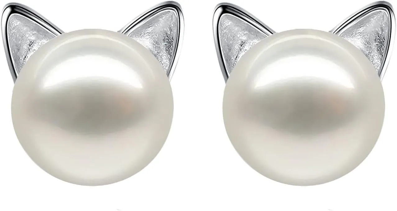 Wicary Cat Earrings Sterling Silver Pearl Earrings for Women Cat Stud Earring for Cat Lovers