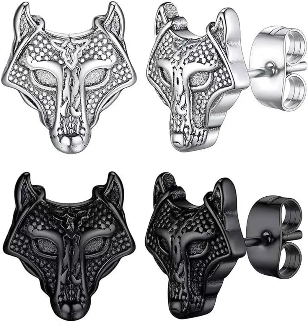 Wolf Earrings For Men Silver Black Stainless Steel Small Gothic Punk Retro Viking Animal Wolf Head Earrings Studs Waterproof Non Tarnish Hypoallergenic Jewelry For Sensitive Ears