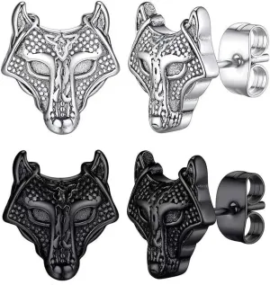 Wolf Earrings For Men Silver Black Stainless Steel Small Gothic Punk Retro Viking Animal Wolf Head Earrings Studs Waterproof Non Tarnish Hypoallergenic Jewelry For Sensitive Ears