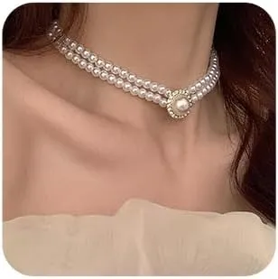 Women Bridal Vintage Boho Rhinestones Simple 1920s Layered Tassels Imitation Pearl Shiny Choker Necklace Fashion Golden Simple Necklaces for Women
