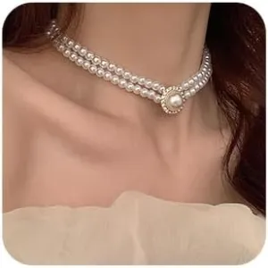 Women Bridal Vintage Boho Rhinestones Simple 1920s Layered Tassels Imitation Pearl Shiny Choker Necklace Fashion Golden Simple Necklaces for Women