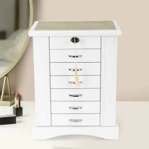 Wooden Jewelry Box for Women,7-Layer Jewelry Organizer,Wood Organizer with Combo Lock for Jewelries, Necklaces, Rings, Vintage Style Storage Box with Mirror (White, 7-Layer)