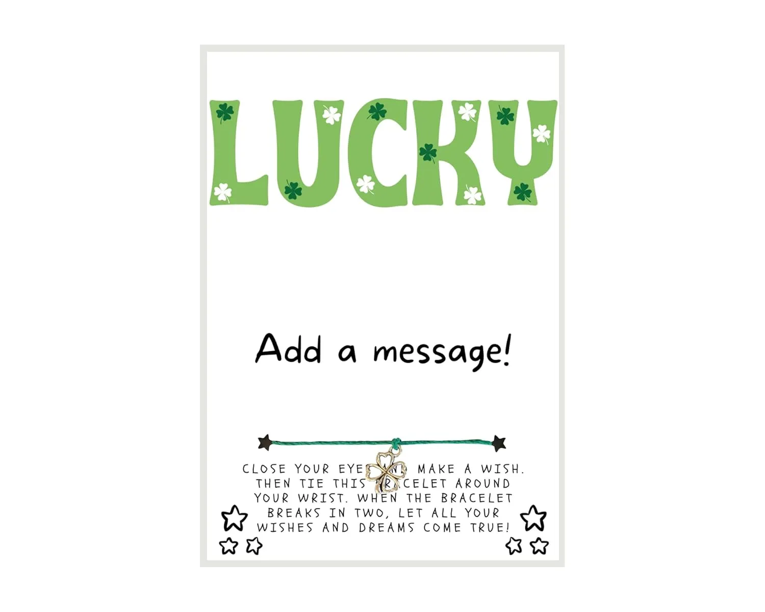 Word LUCKY with Shamrocks St. Patrick's Day Wish, Wish Bracelet, Holiday Party Favor, Thank You, St. Patrick's Day WIsh Bracelet, Co-Worker Gift, Friendship Wish Bracelet - Personalize Card