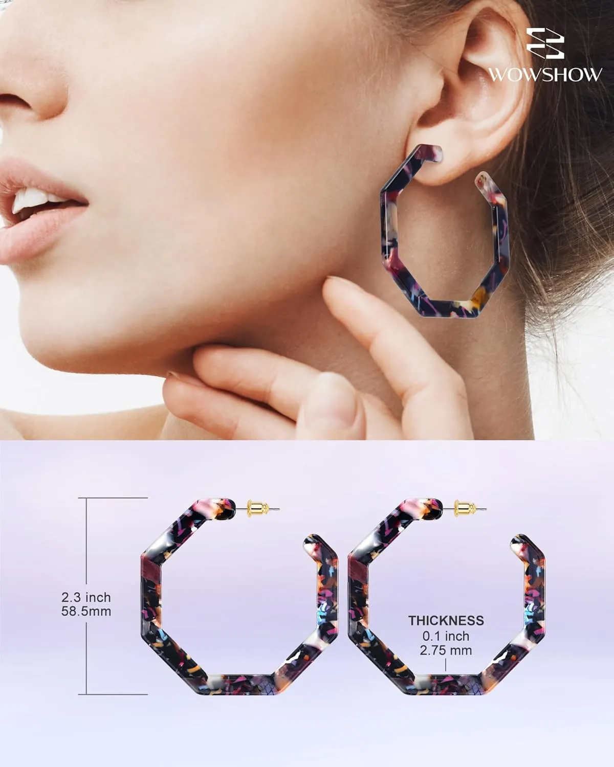 wowshow Acrylic Resin Hoop Earrings for Women Statement Fashion Geometric Octagon Earrings
