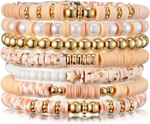 Y1tvei Boho Bracelets for Women - 7Pcs Boho Brown Spot Clay Bead Surfer Bracelet Set Gold Plated Bead Stackable Stretch Bracelet Layering Summer Beach Jewelry Friendship Bracelet Gift for Teen Girls