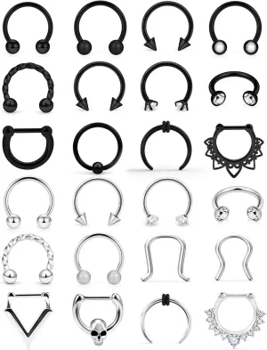 Yaalozei 16G Septum Rings Jewelry Clicker and Horseshoe Barbell Stainless Steel Septum Nose Ring Hoop Piercing Jewelry for Men Women 10mm 24pcs