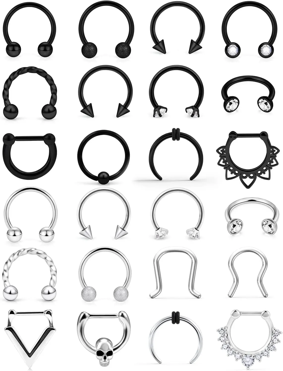 Yaalozei 16G Septum Rings Jewelry Clicker and Horseshoe Barbell Stainless Steel Septum Nose Ring Hoop Piercing Jewelry for Men Women 10mm 24pcs