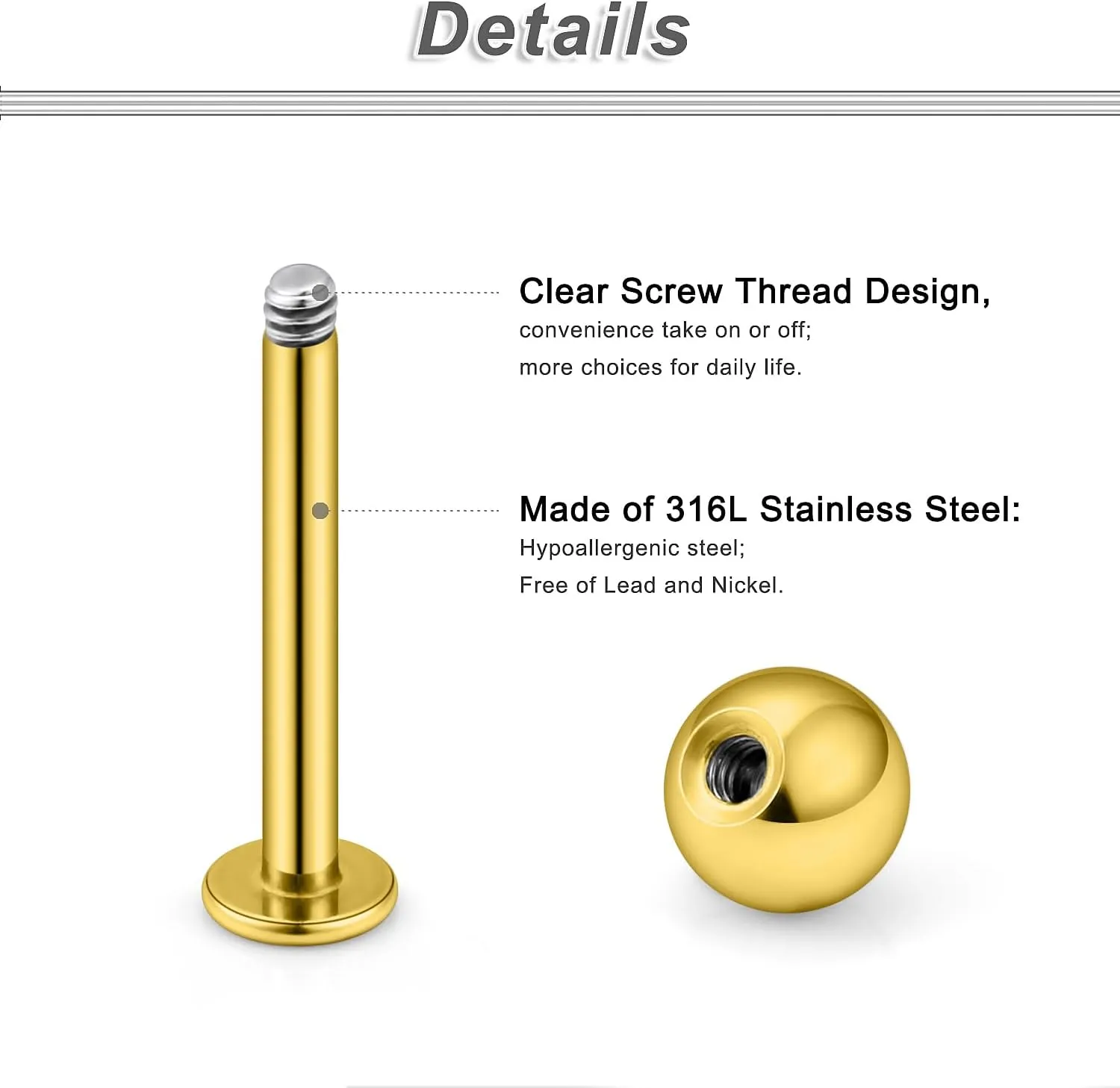 Yaalozei 20G 16G 14G 12G Lip Labret Medusa Monroe Rings Studs Surgical Steel Tragus Helix Cartilage Earring Stud Rings Piercing Jewelry Bar Length 8mm 10mm 12mm Mix Color 18PCS