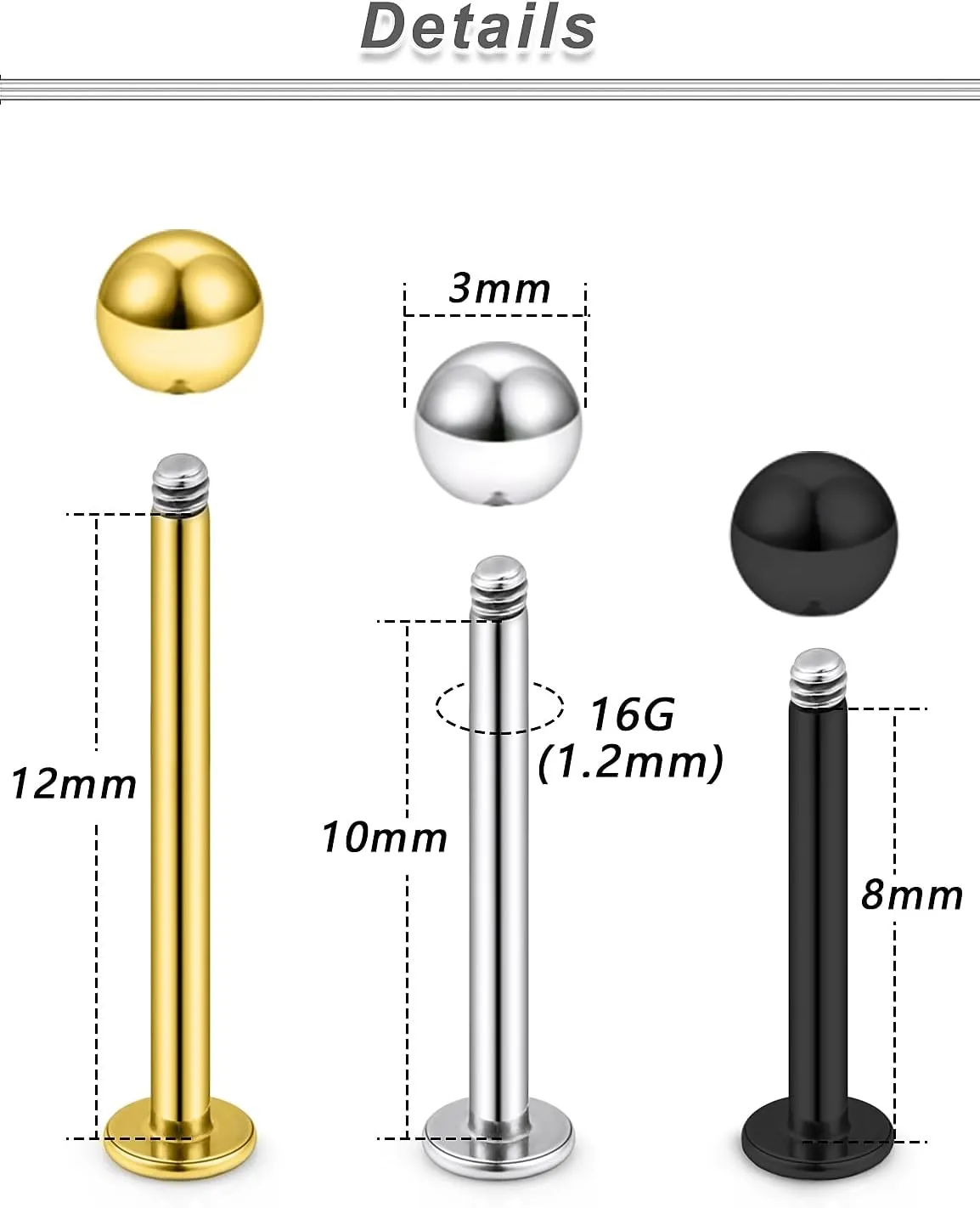 Yaalozei 20G 16G 14G 12G Lip Labret Medusa Monroe Rings Studs Surgical Steel Tragus Helix Cartilage Earring Stud Rings Piercing Jewelry Bar Length 8mm 10mm 12mm Mix Color 18PCS