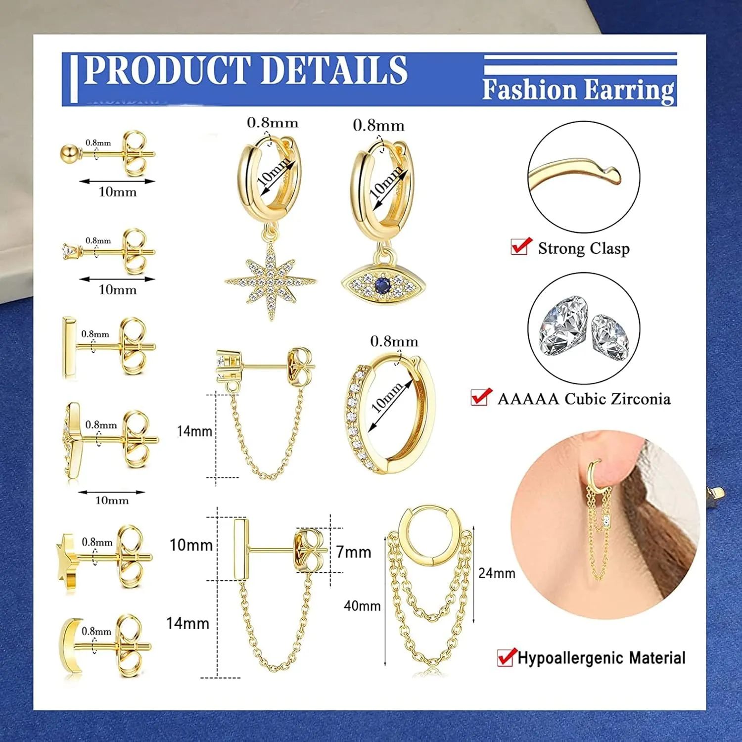 YADOCA 12Pairs 14K Gold Plated Huggie Hoop Studs Earrings Set for Women Hypoallergenic Small Dainty Chain Earrings moon star Ball CZ Cartilage Earrings Sets for Multiple Piercing