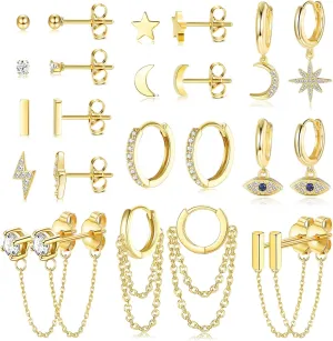 YADOCA 12Pairs 14K Gold Plated Huggie Hoop Studs Earrings Set for Women Hypoallergenic Small Dainty Chain Earrings moon star Ball CZ Cartilage Earrings Sets for Multiple Piercing