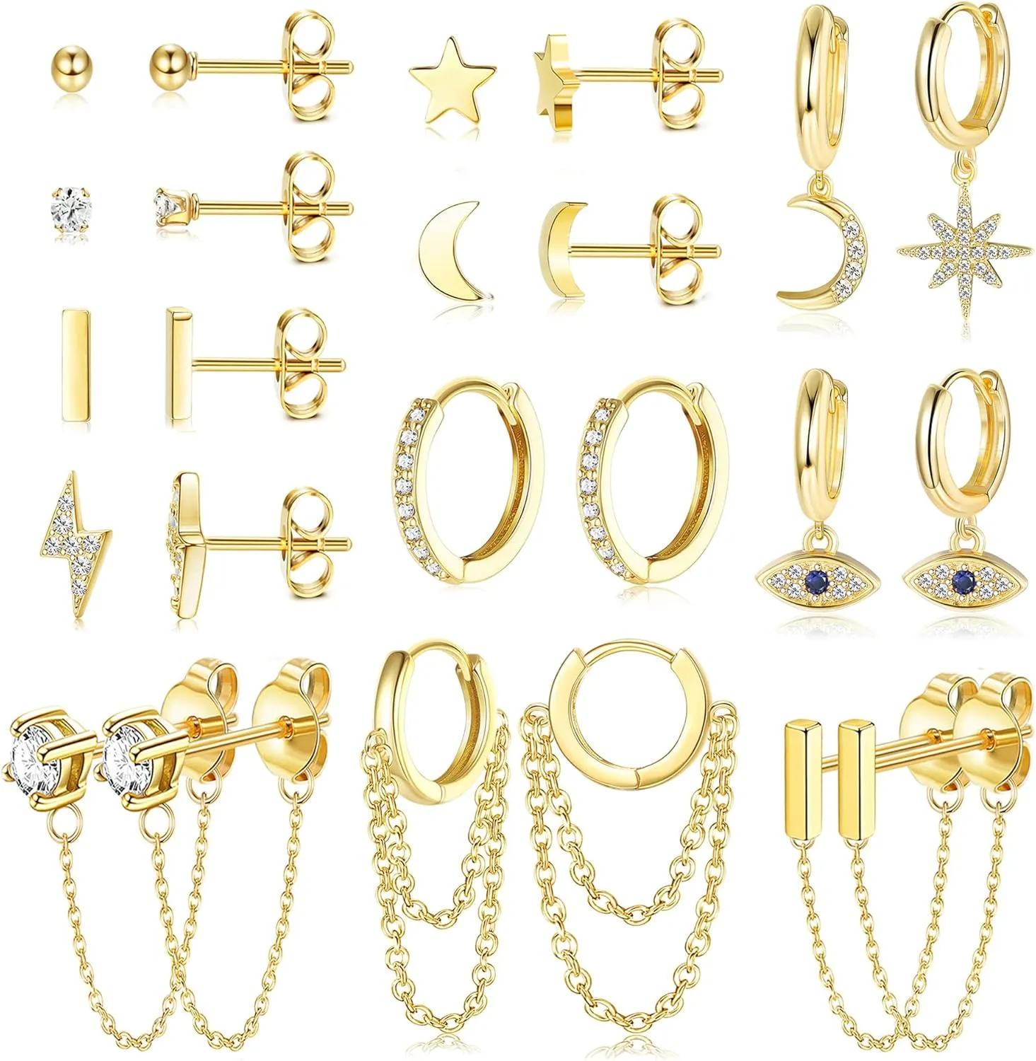 YADOCA 12Pairs 14K Gold Plated Huggie Hoop Studs Earrings Set for Women Hypoallergenic Small Dainty Chain Earrings moon star Ball CZ Cartilage Earrings Sets for Multiple Piercing