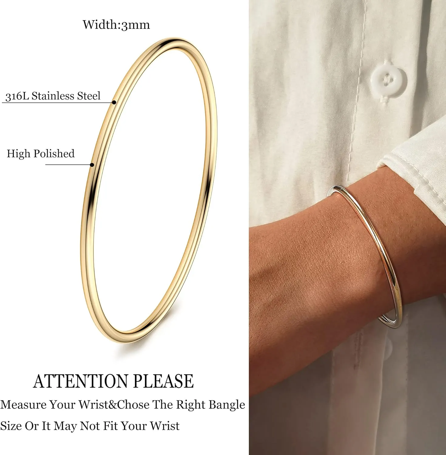 YADOCA 3mm 14K Gold Plated Bracelet Stainless Steel Glossy Thin Round Bangle Bracelet for Women Oval Solid Stackable Bracelets Set