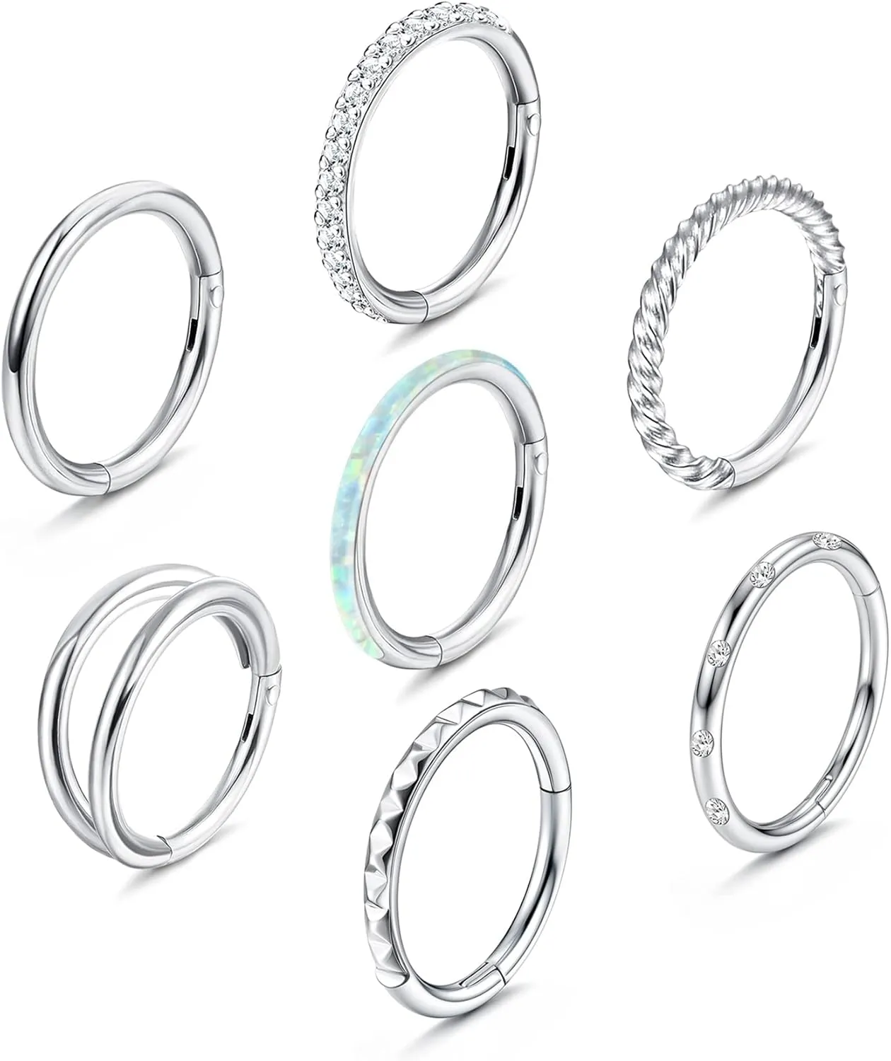 YADOCA 7Pcs 18G 16G Surgical Steel Nose Rings Hoops for Women Men Opal CZ Clicker Hinged Segment Septum Lip Hoop Nose Rings Helix Cartilage Conch Daith Rook Earrings Piercing Jewelry 8mm 10mm