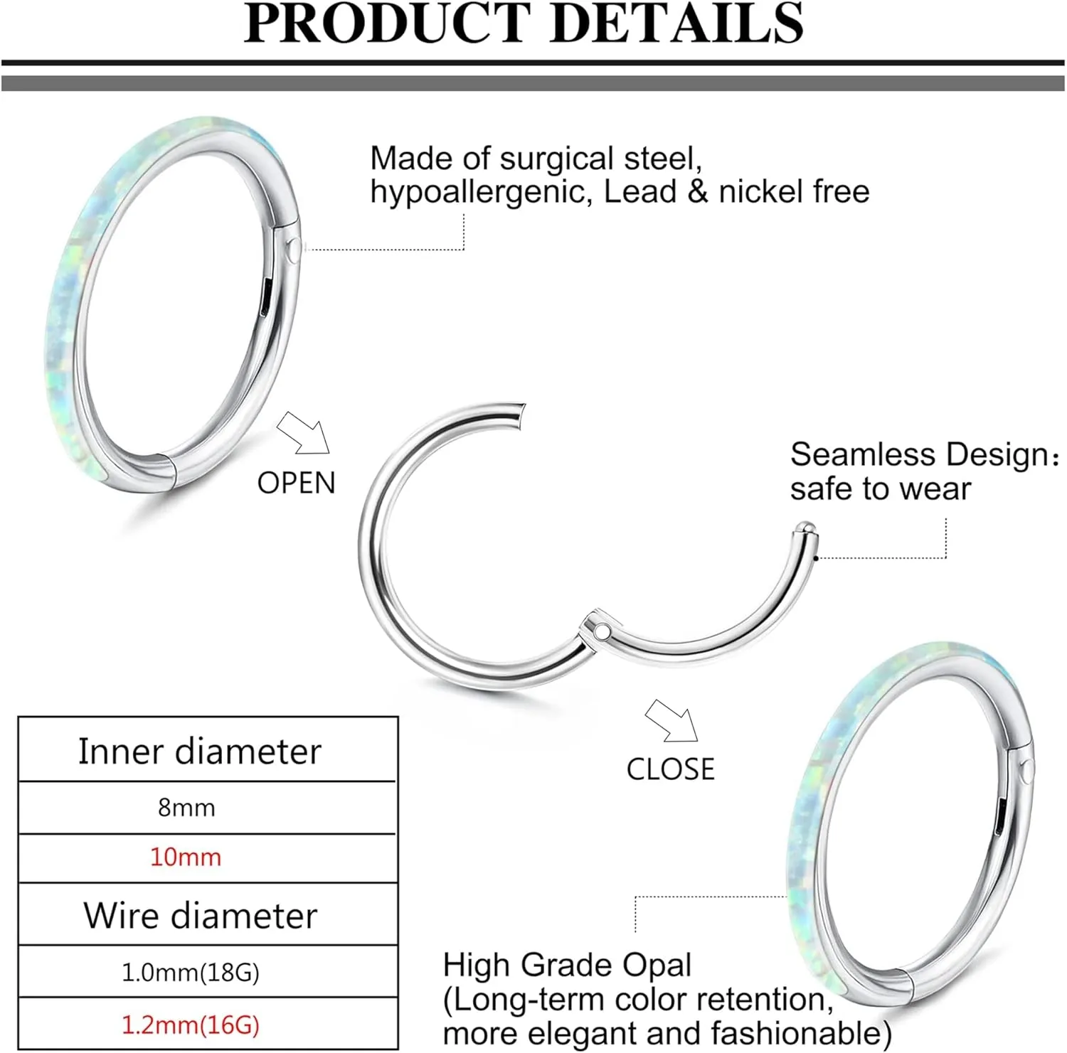 YADOCA 7Pcs 18G 16G Surgical Steel Nose Rings Hoops for Women Men Opal CZ Clicker Hinged Segment Septum Lip Hoop Nose Rings Helix Cartilage Conch Daith Rook Earrings Piercing Jewelry 8mm 10mm