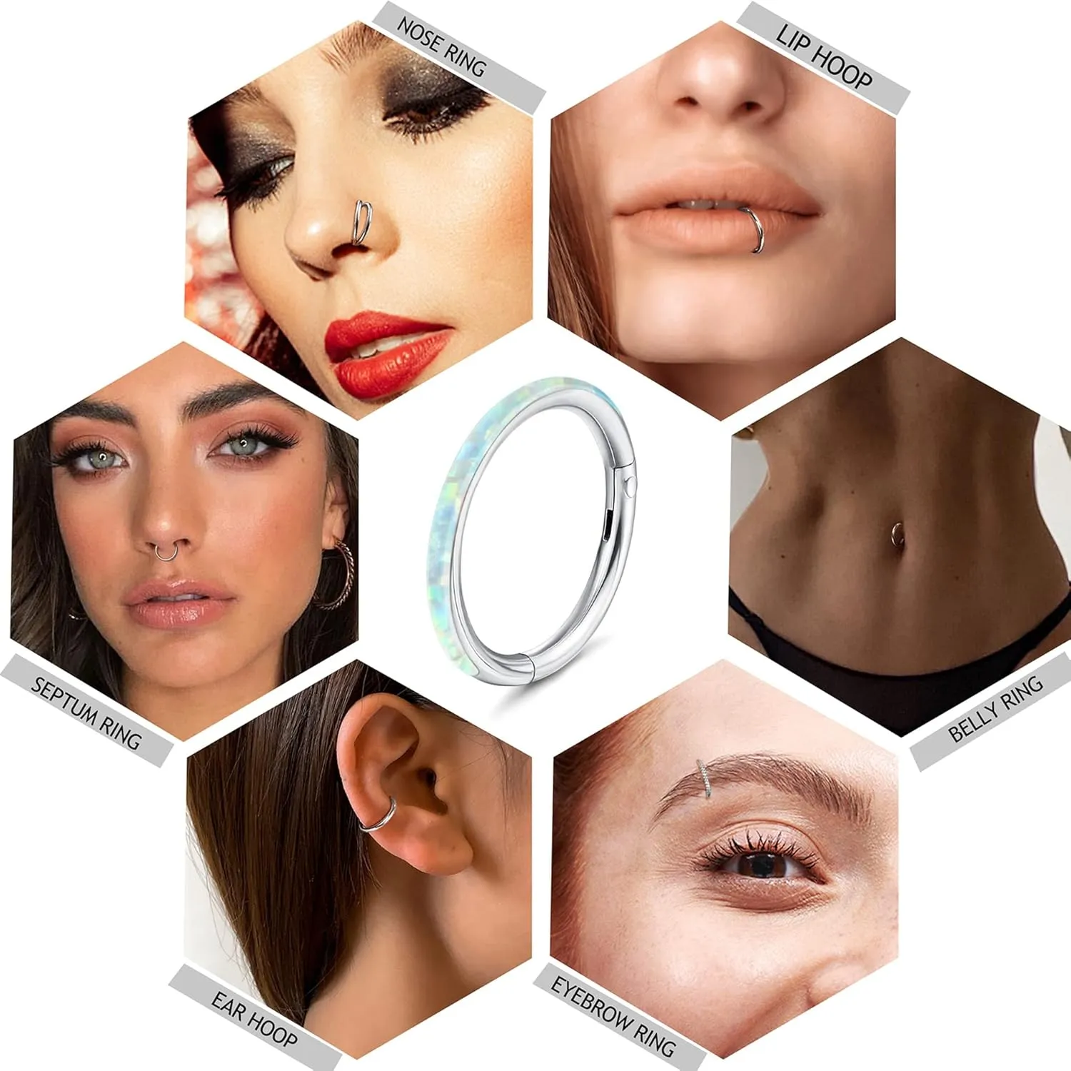 YADOCA 7Pcs 18G 16G Surgical Steel Nose Rings Hoops for Women Men Opal CZ Clicker Hinged Segment Septum Lip Hoop Nose Rings Helix Cartilage Conch Daith Rook Earrings Piercing Jewelry 8mm 10mm