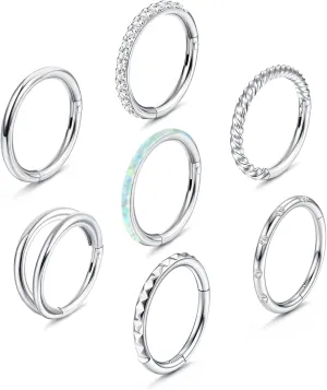 YADOCA 7Pcs 18G 16G Surgical Steel Nose Rings Hoops for Women Men Opal CZ Clicker Hinged Segment Septum Lip Hoop Nose Rings Helix Cartilage Conch Daith Rook Earrings Piercing Jewelry 8mm 10mm