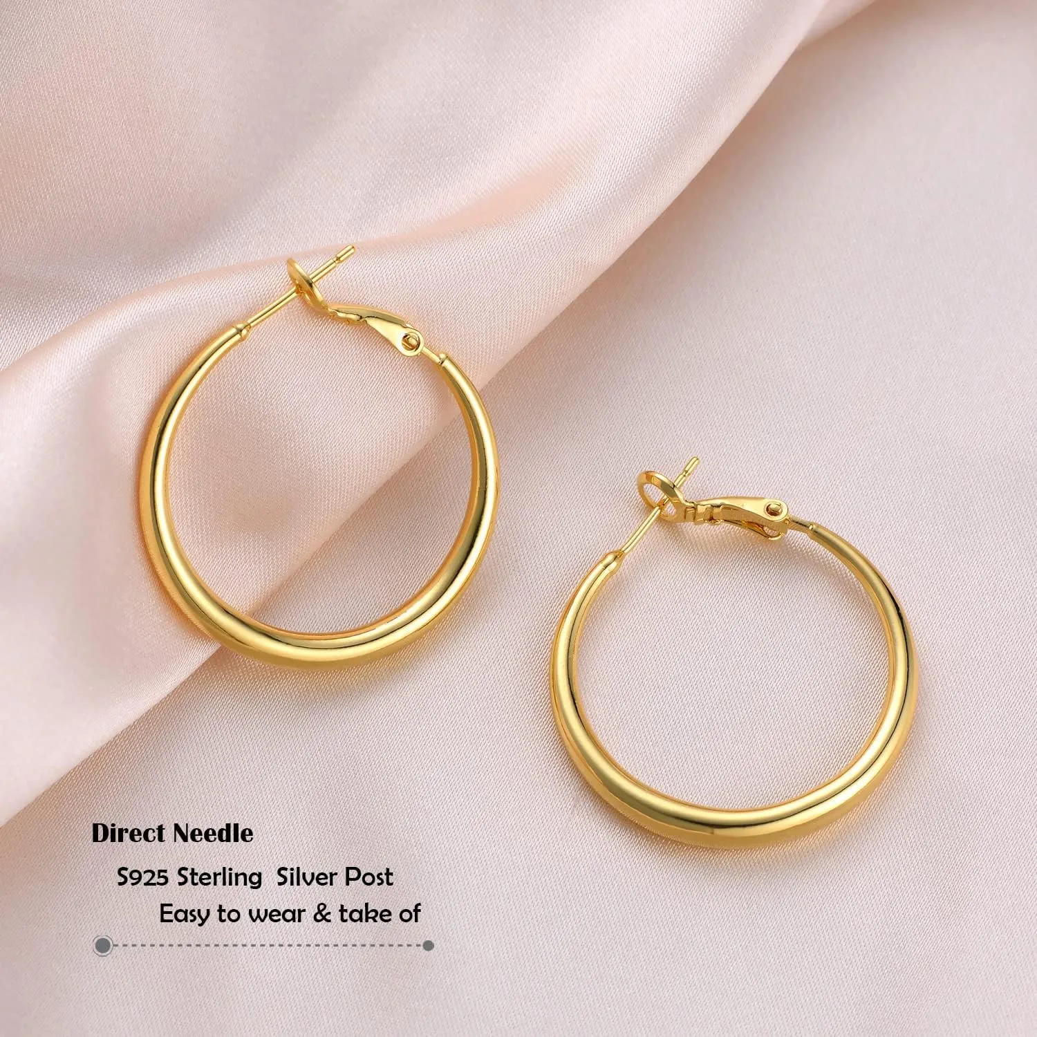 YANODA Gold Hoop Earrings for Women Lightweight Large Gold Hoop Earrings 14K Gold Plated Hoop Earrings with Hypoallergenic Sterling Silver Post Graduated Curvature Big Hoop Earrings for Women (25/30/35/40/45/50mm)