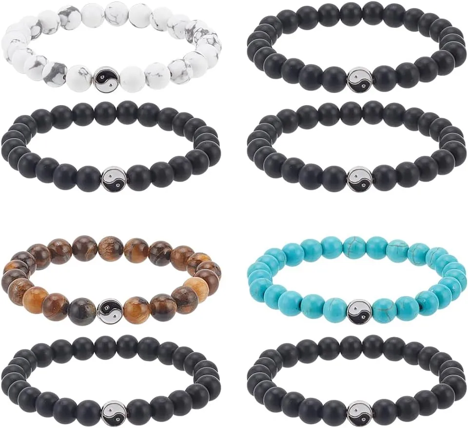 Yin Yang Bracelets Fashion Men Women Taiji Yin Yang Feng Shui Charm Bracelet Natural White Turquoise and Black Beaded Couple Bracelets Friendship Distance Bracelet Jewelry