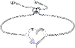 YL Heart Bracelets 925 Sterling Silver Love Heart Bracelet Birthstone Jewelry for Women